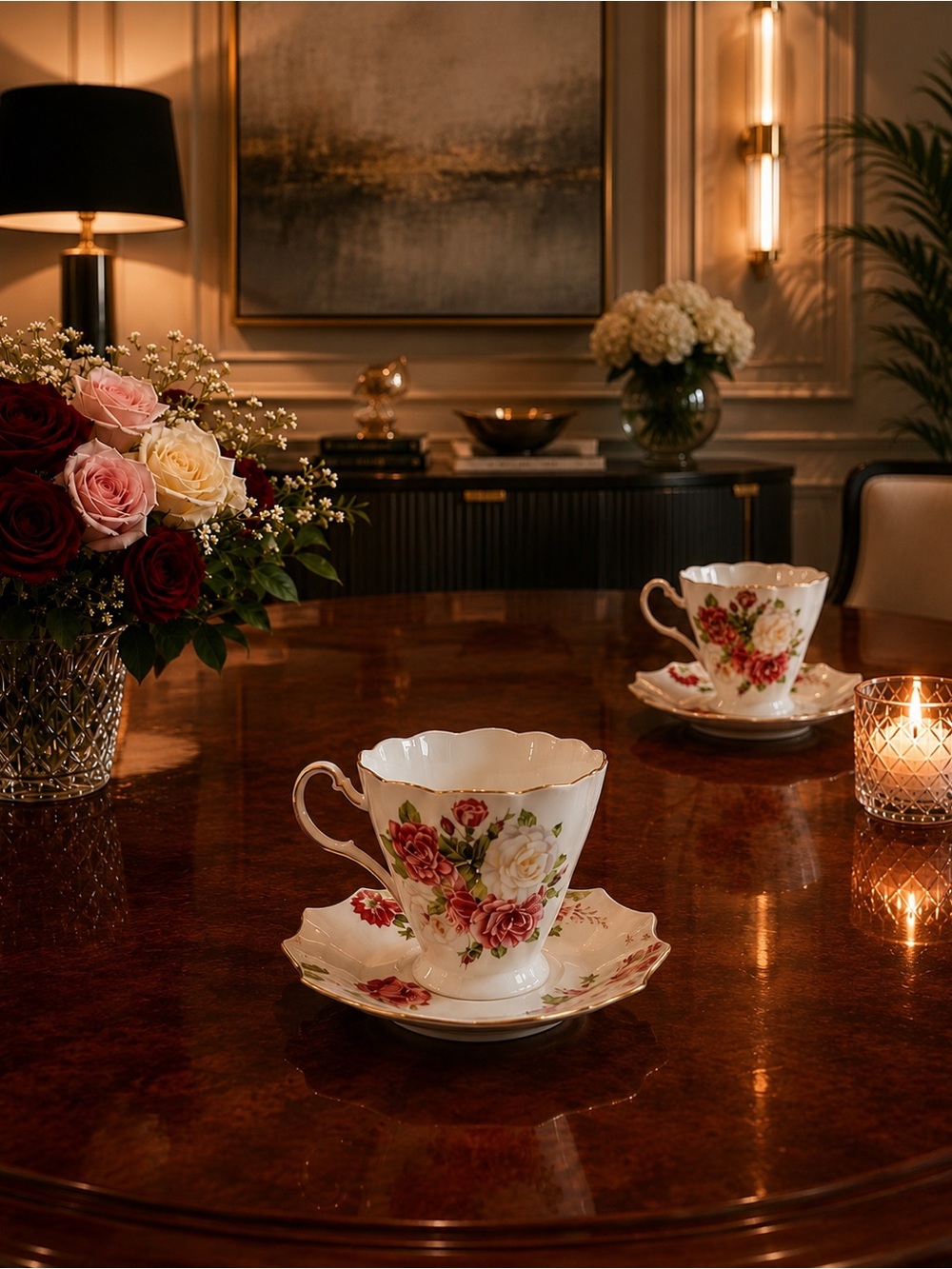 🌸2 Sets of Meritage Pink & White Rose Tea cups & Matching Saucers. Flawless 🌸